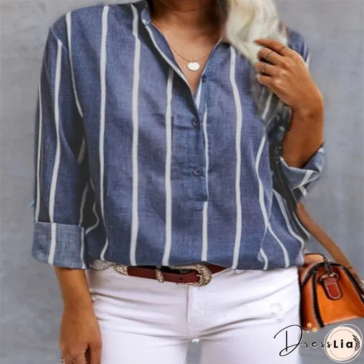 Women's Summer Shirt Striped Half Long Sleeve Blouses