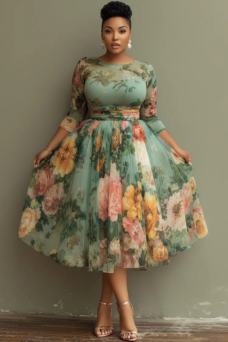Xpluswear Design Plus Size Vacation Sage Green Floral Round Neck 3/4 Sleeve See Through Tulle Midi Dresses 2024 - Xpluswear