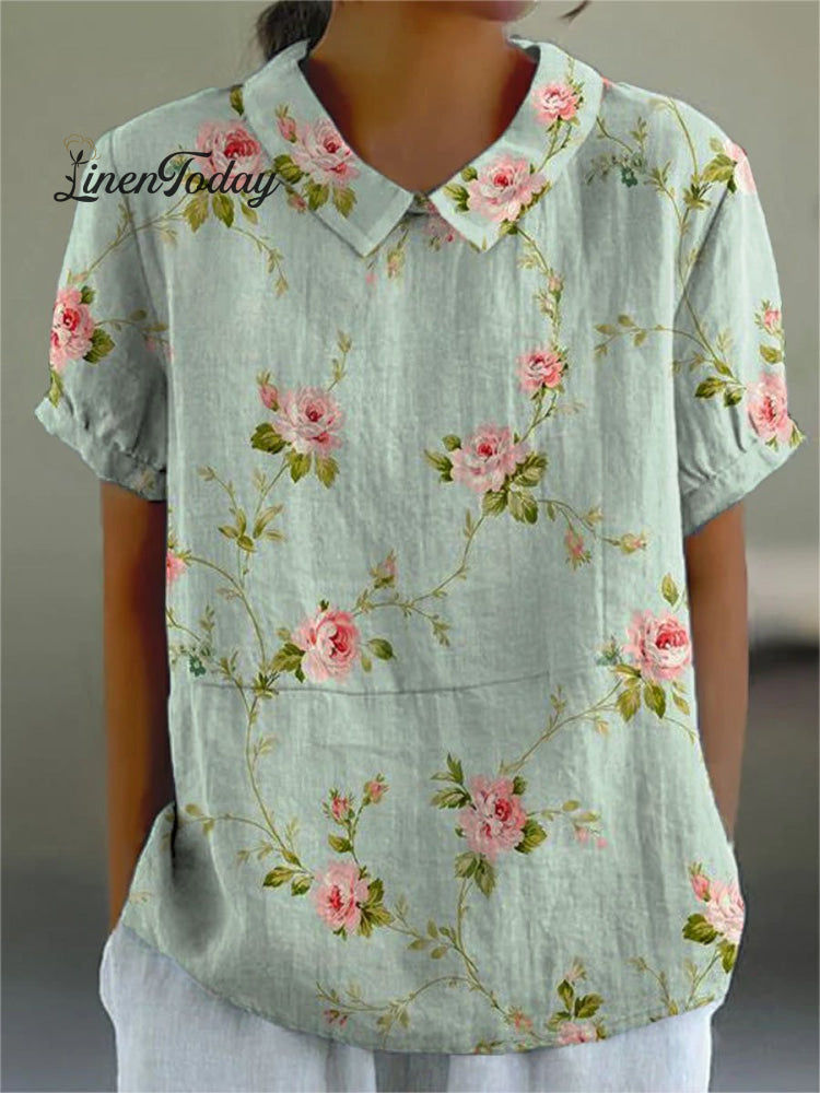 Women&rsquo;s Vintage Floral Art Print Casual Cotton And Linen Shirt Multicolor / S