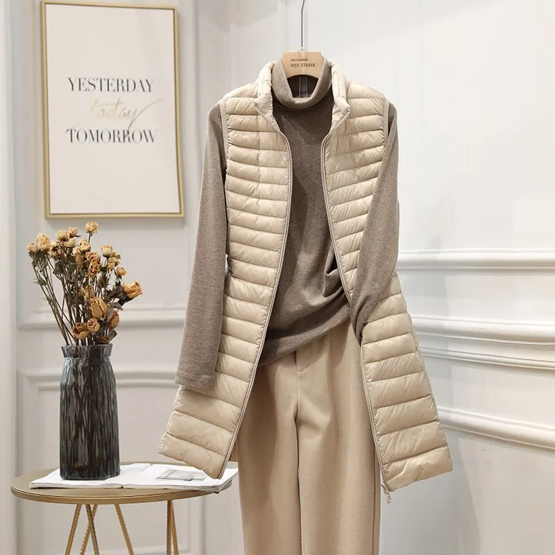 FTLZZ New Winter Women Ultra Light White Duck Down Jacket Zipper Medium Long Vest Stand Collar Outerwear 4XL Plus Size Down Coat