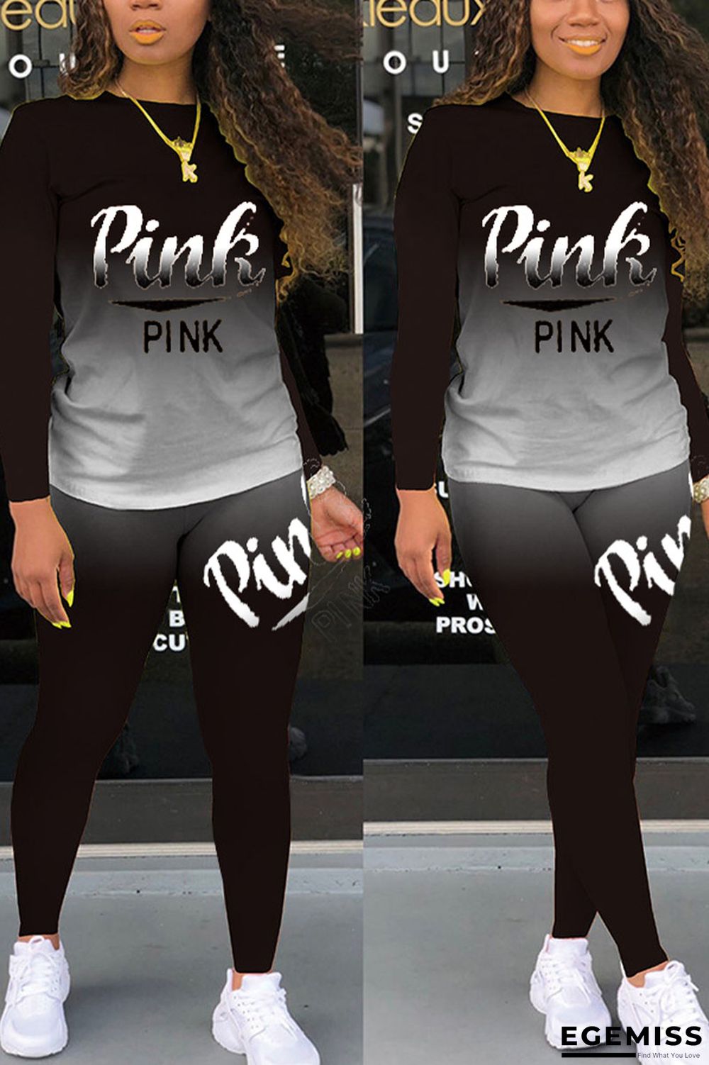 Black Casual Print Letter O Neck Long Sleeve Two Pieces | EGEMISS