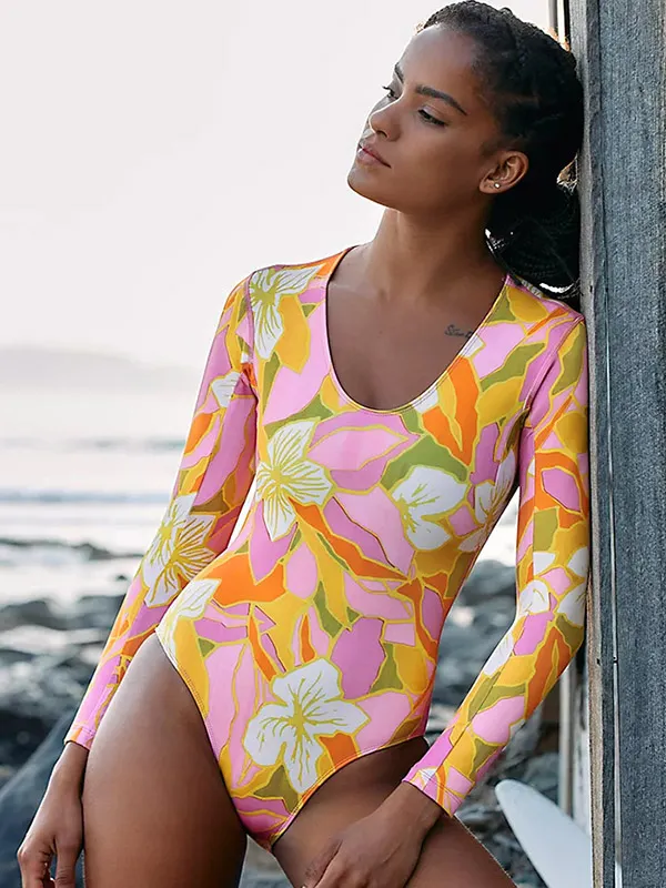 U-Neck Long Sleeve Floral Print Sexy Slim One-Piece Wetsuit Swimwear