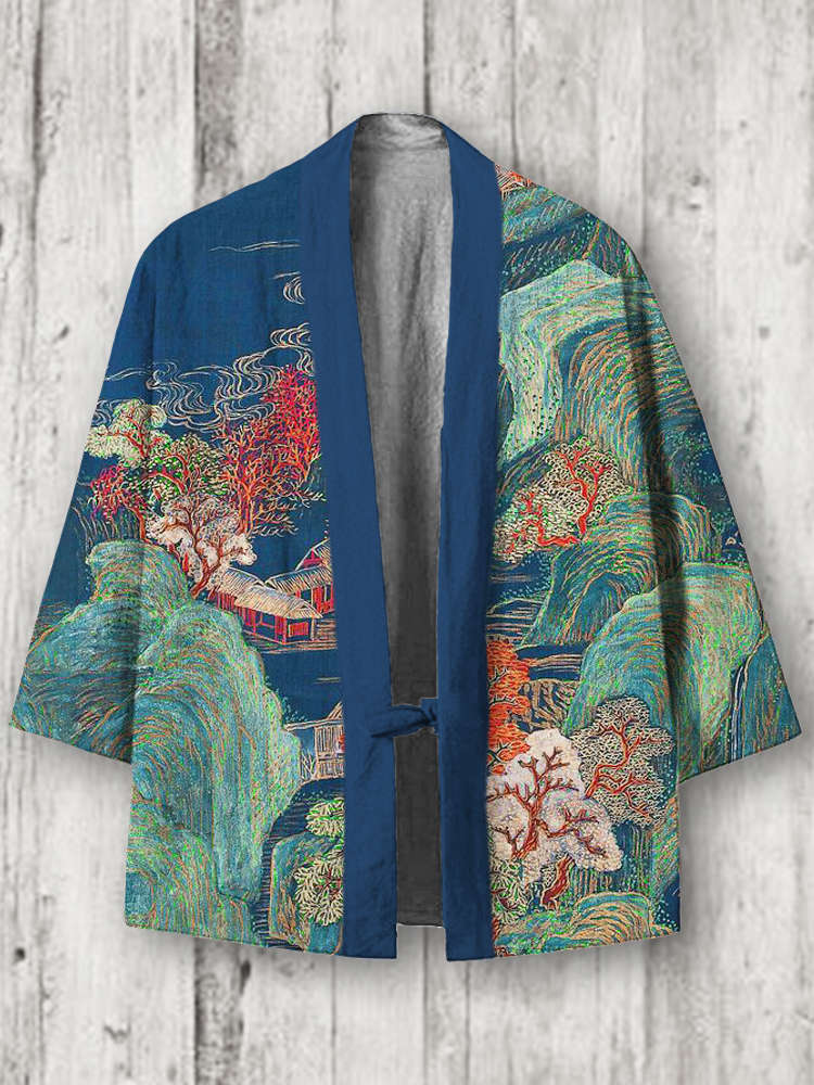 Japanese Landscape Print Linen Blend Kimono Cardigan  artssus