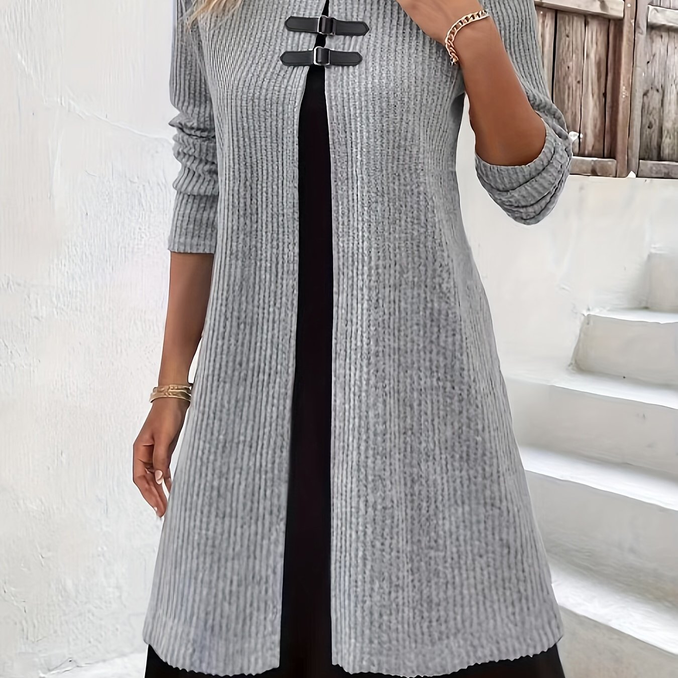 Faux Twinset Buckle Decor Dress, Casual Long Sleeve Crew Neck Dress, Women's Clothing