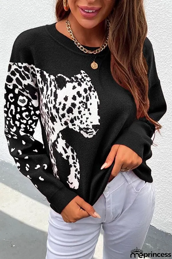 Long Sleeve Animal Print Round Neck Sweater