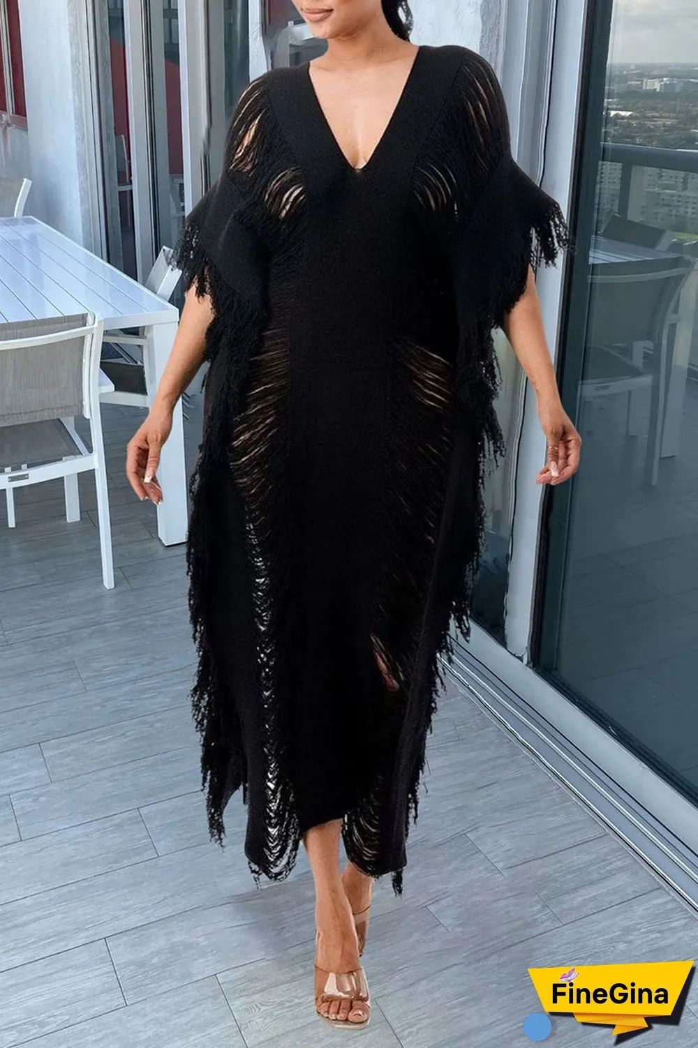 White Sexy Solid Tassel Hollowed Out Patchwork V Neck Beach Dress Two Pieces Set