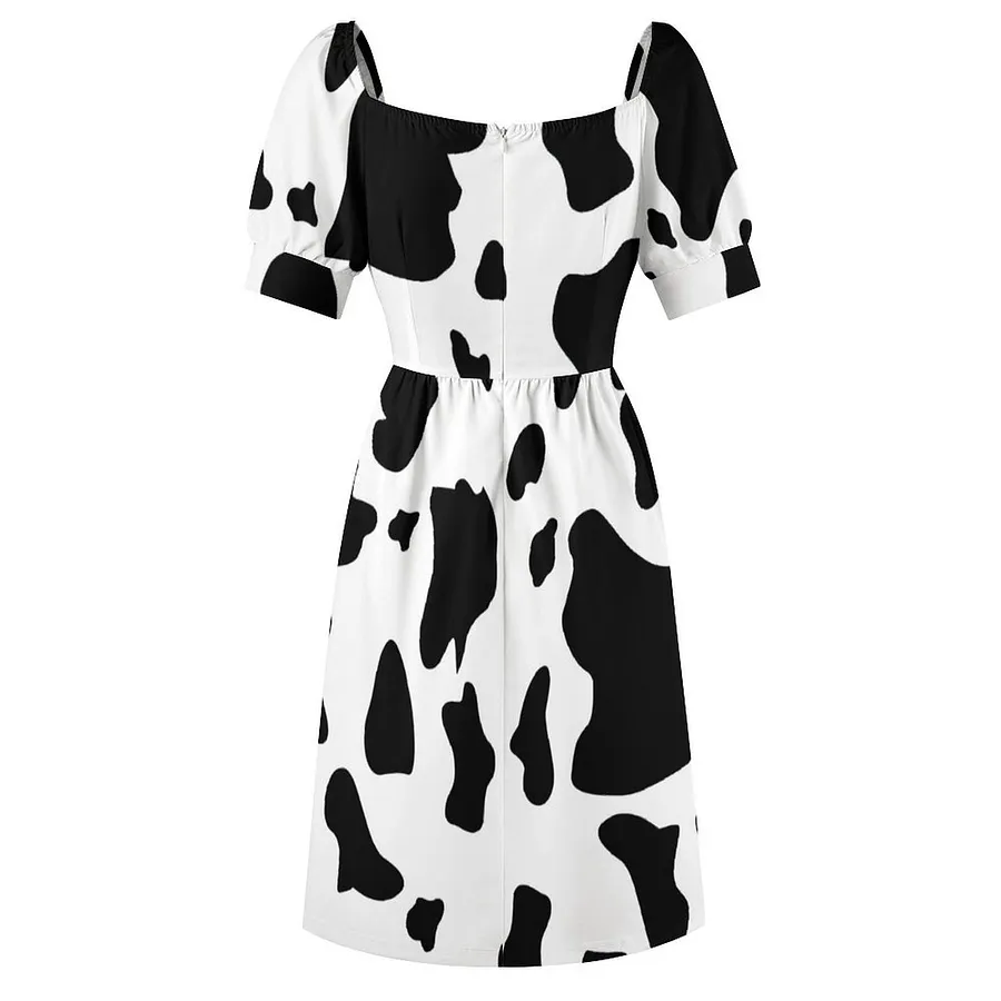 SFNEEWHO Cow Print Dress Women Boho High Waist Flared Puff Sleeve Cute  Sweetheart Midi Dress