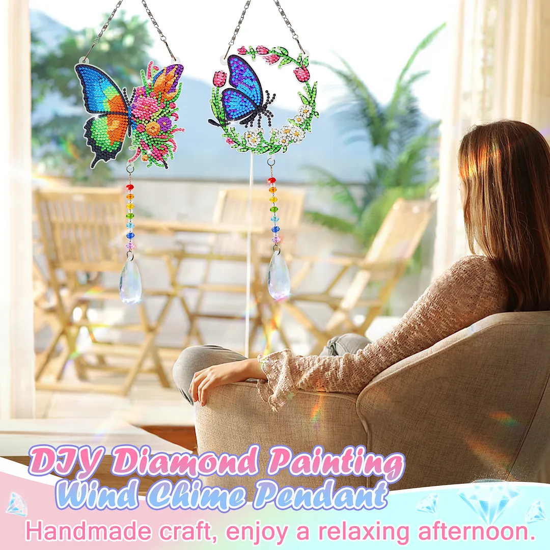 2Pcs Wreath Butterfly DIY Double-Sided Diamond Painting Hanging Kits Diamond Painting Suncatcher Craft Kit for Home Garden Wall Decor Gift