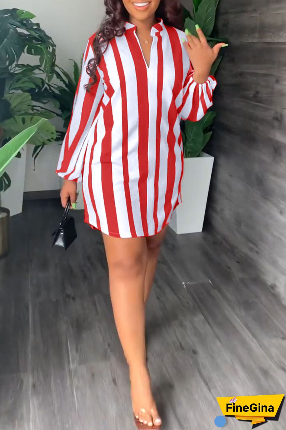 Brown Fashion Casual Striped Print Bandage Patchwork With Belt V Neck Straight Dresses
