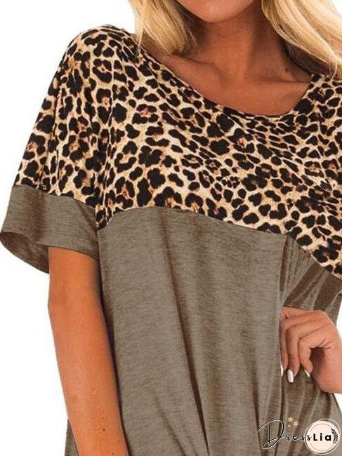 Leopard Print Stitching Ribbon Bow T-shirt for Women