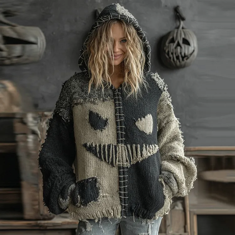 Halloween Pumpkin Face Patchwork Knitted Hooded Sweater
