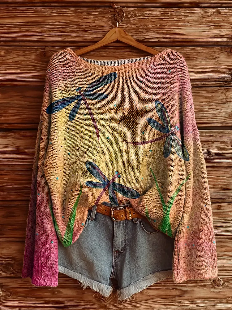 Women's Dragonfly Art Pattern Print Casual Pullover Sweater