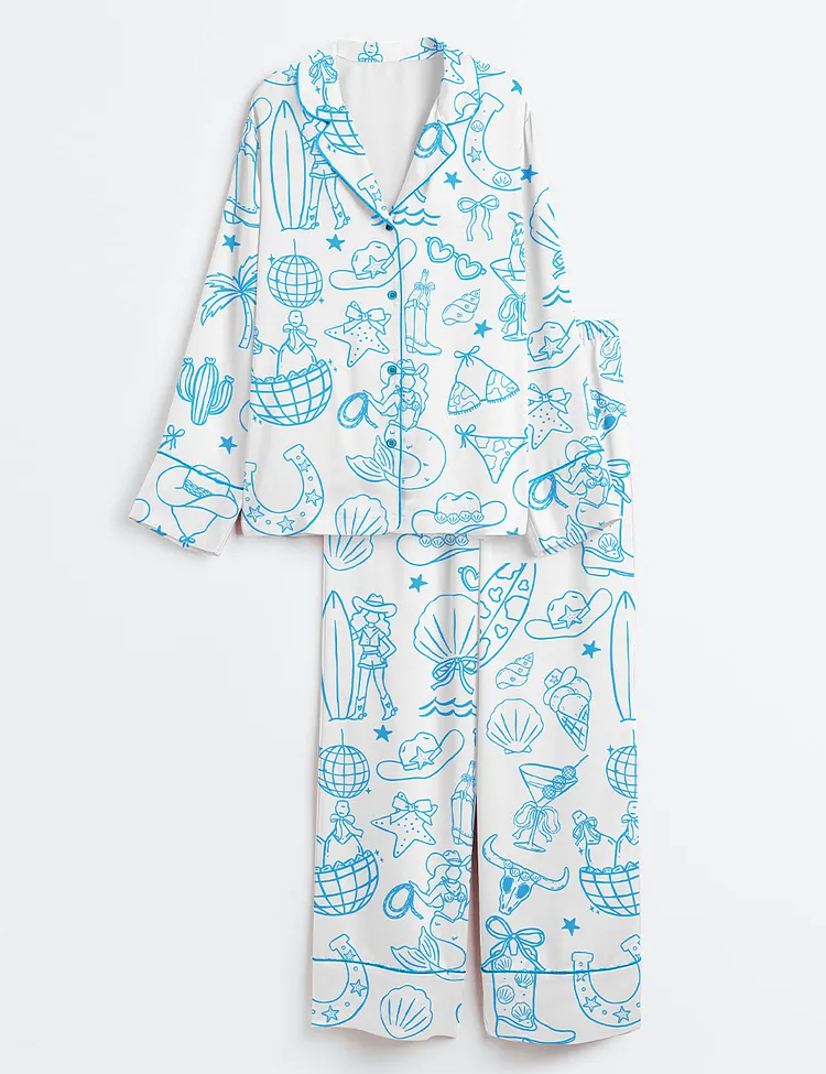 Women&rsquo;s Hand Drawn Whimsical Coastal Beach Cowgirl Western Cowgirl Print Long Sleeve Satin Pajama Set