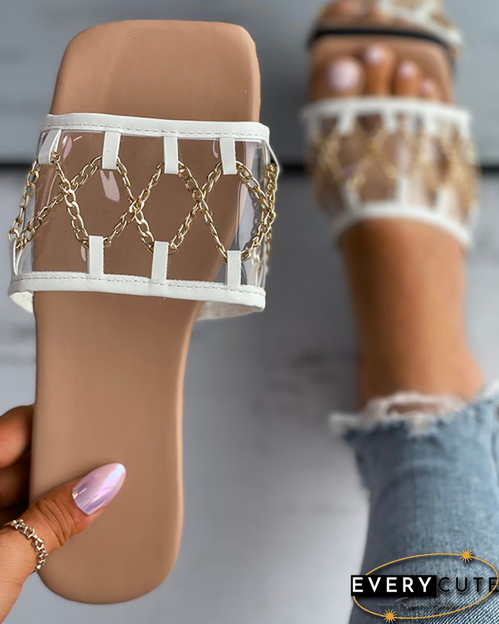Chain Decor Clear Perspex Square Toe Slipper