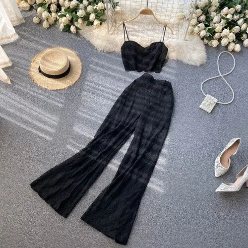 FTLZZ Summer Women Sexy Lace slimTwo Piece Set V-neck Sling Top High Waist A-line Wide Leg Pants Ladies Beach Solid Color Sets