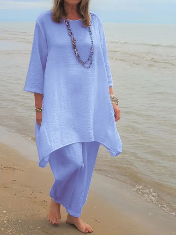 Women's Solid Color Simple Loose Casual Tops And Trousers Two-Piece Set