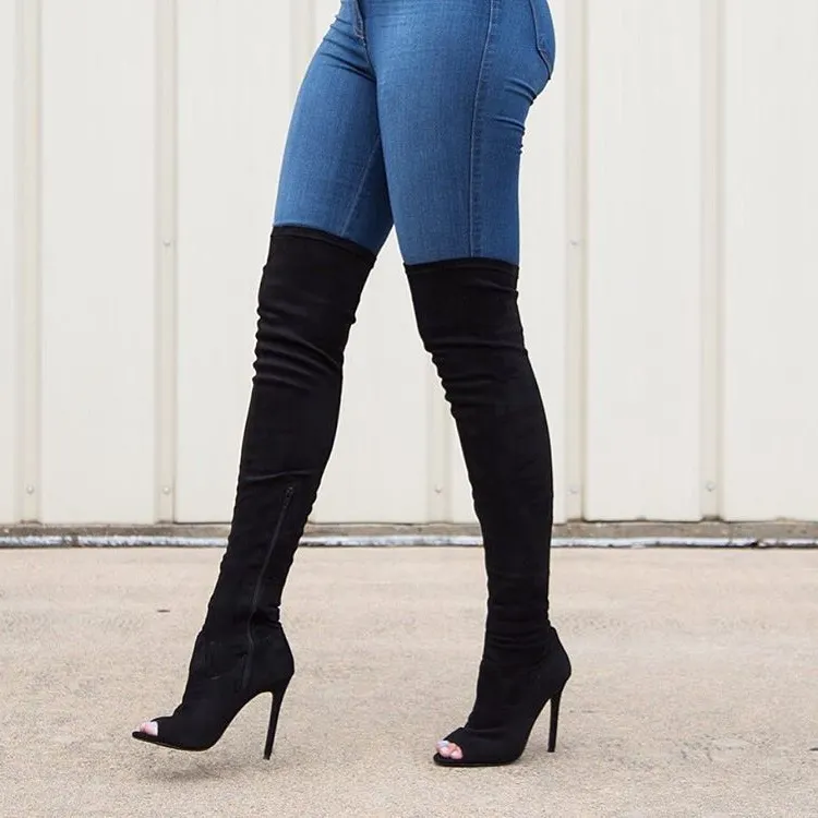 Black Peep Toe Over-the-Knee Stiletto Boots Vdcoo