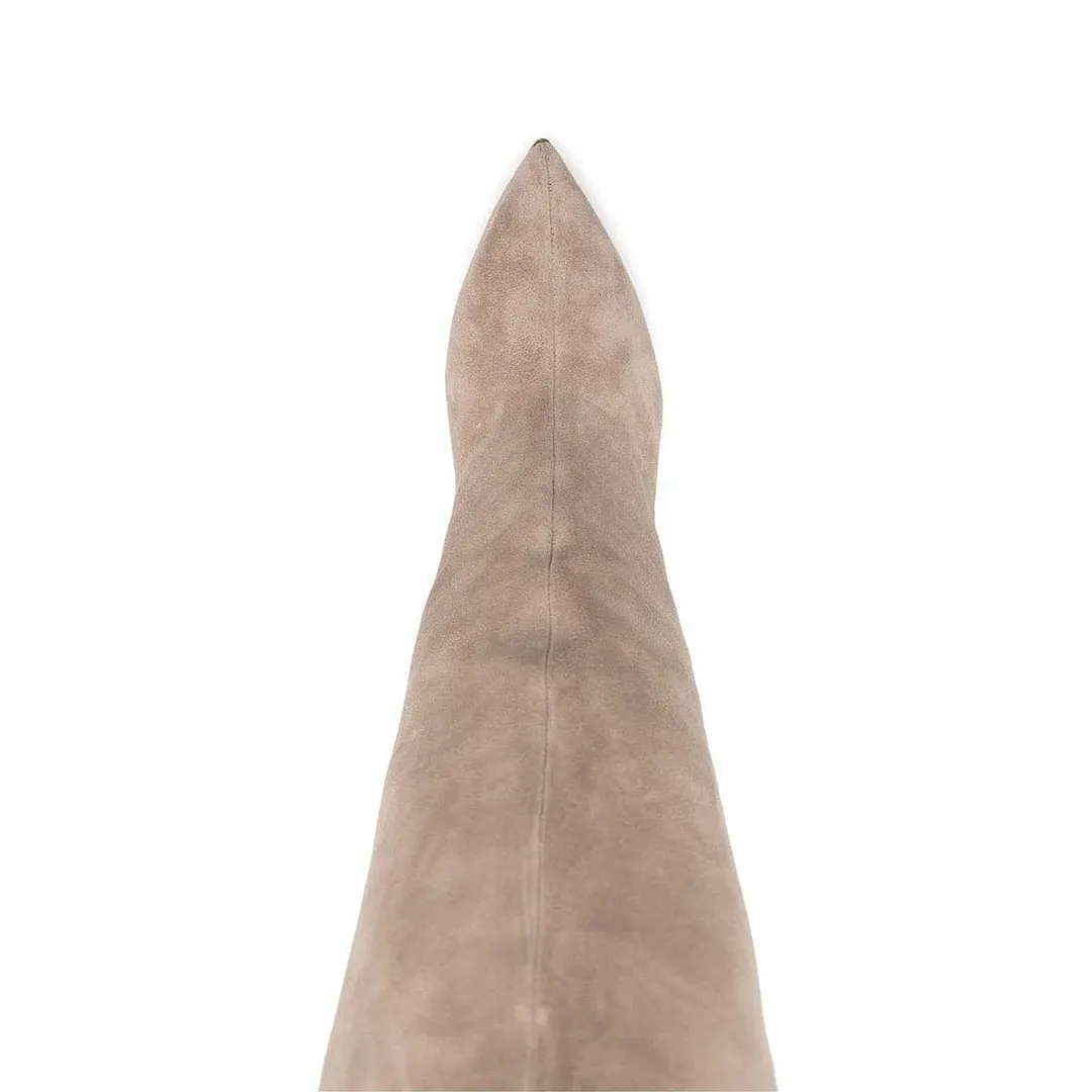 Women's Nude Vegan Suede Pointed Toe Over The Knee High Heel Boots