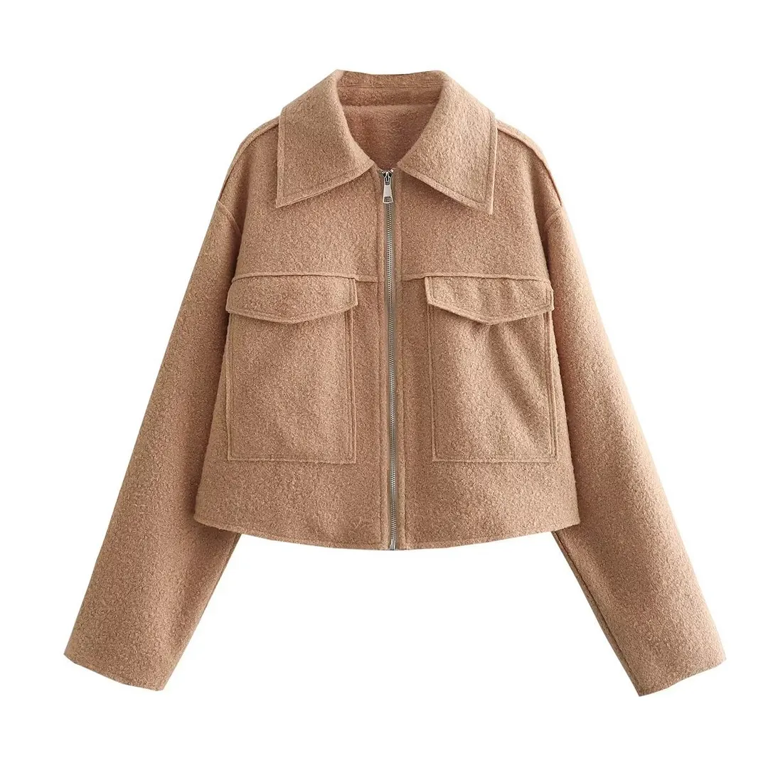 Nigikala Nigikala Spring/Autumn Festival New Women's Collar Large Pocket Zipper Short Long-Sleeved Jacket B88684