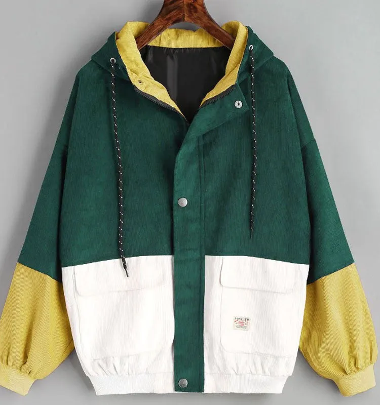 Brownm Loose Color Hooded Corduroy Overalls Coats
