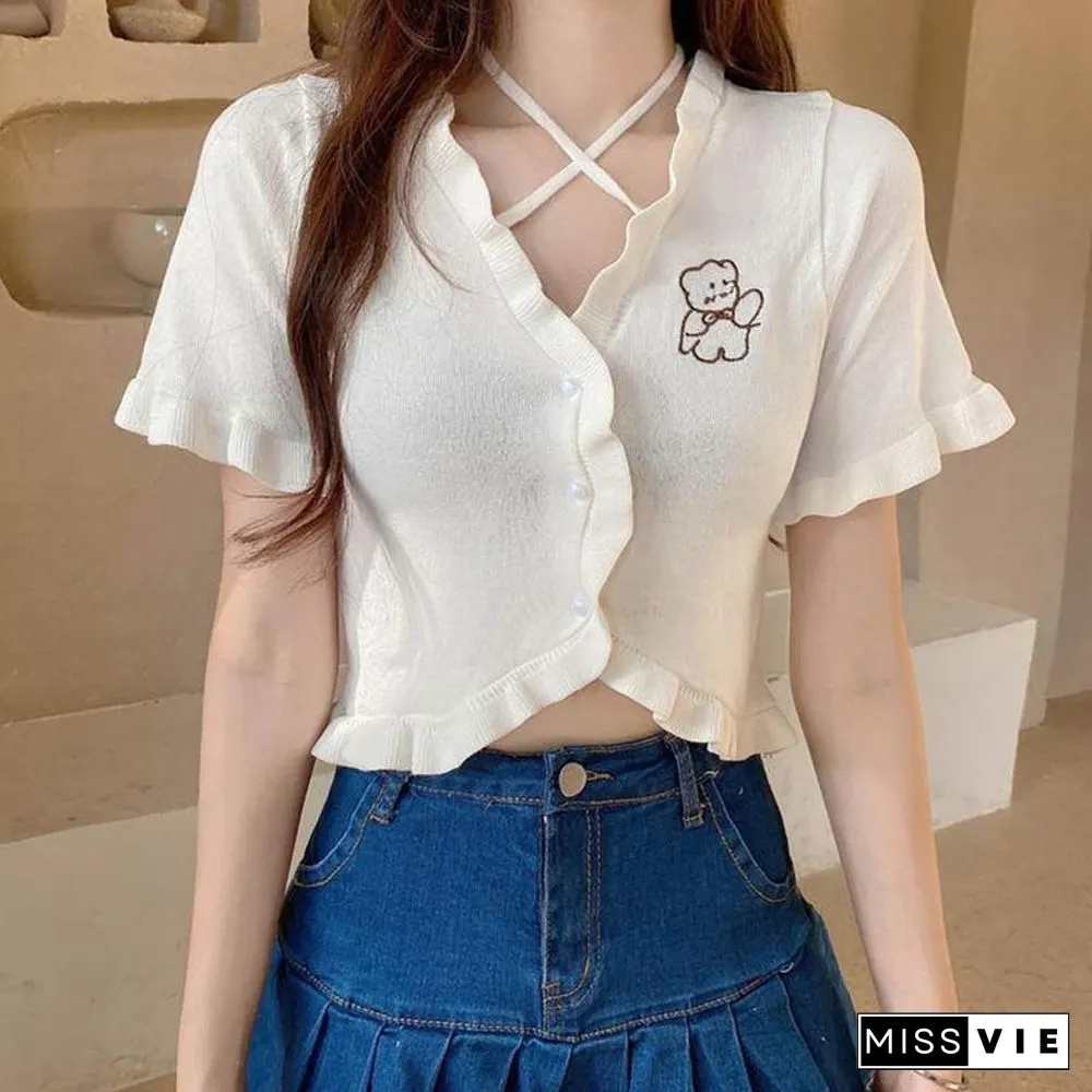 Cartoon Bear Embroidery Cardigan T-Shirt