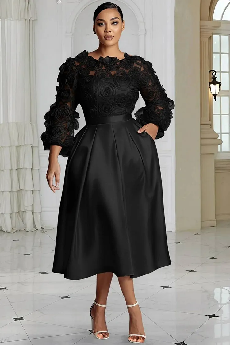 Xpluswear Design Plus Size Wedding Black Round Neck 3/4 Sleeve 3D Elegant Pocket Satin Midi Dresses 2024 - Xpluswear