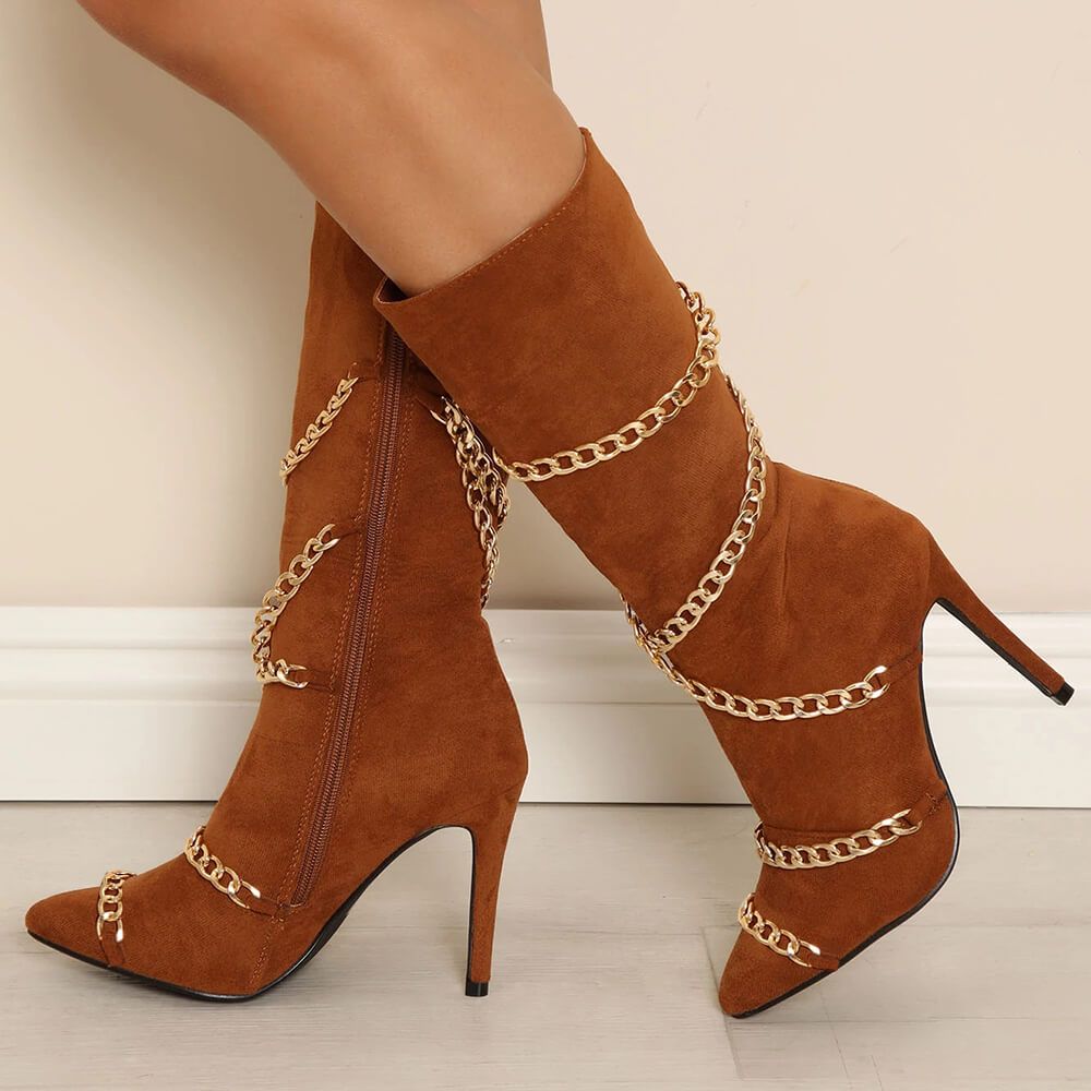Brown Pointed-Toe Vegan Suede Chain Stiletto Side-Zip Mid-Calf Boots Nicepairs