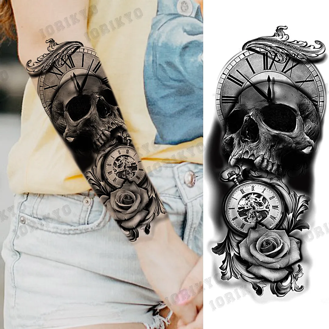 Realistic Devil Skeleton Temporary Tattoos For Men Adult Women Wolf Compass Gangster Fake Tattoo Washable Body Art Tatoo Sticker