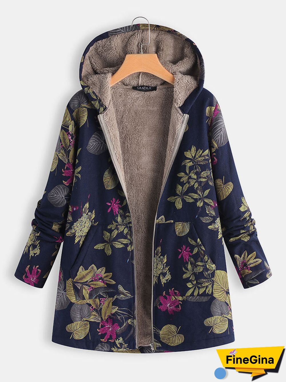 Leaves Floral Print Hooded Long Sleeve Vintage Coats