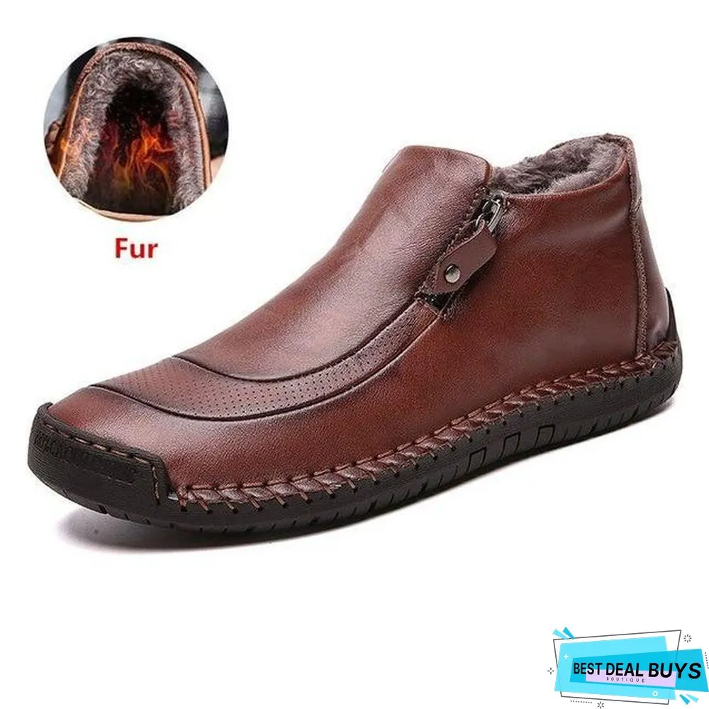 Men Boots Split Leather Ankle Snow Boots Warm Fur Men's Shoes Plush Winter Autumn Driving Shoes