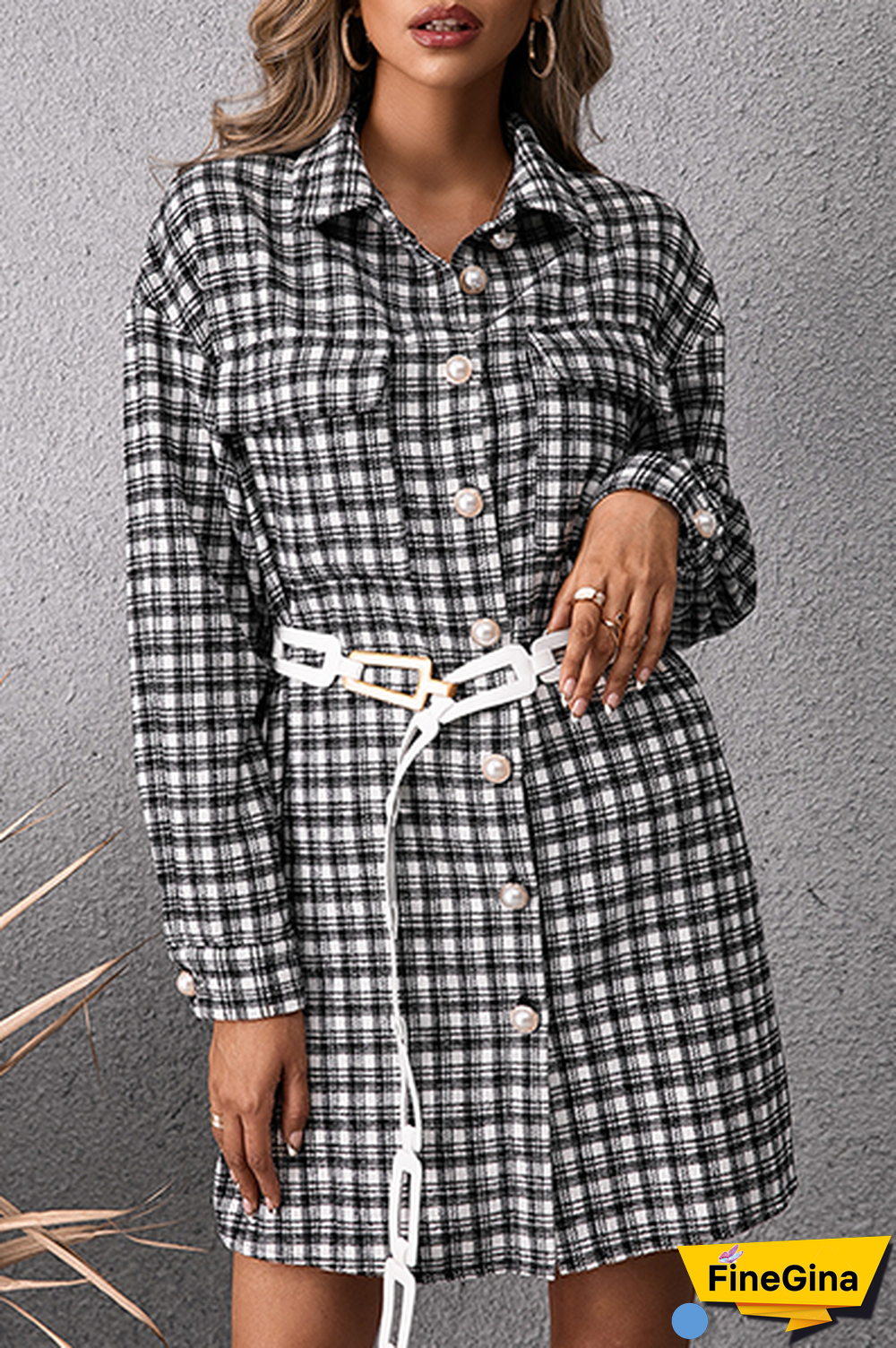 Fashion Casual Plaid Pocket Buckle Shirt Dress Dresses (Without Belt)