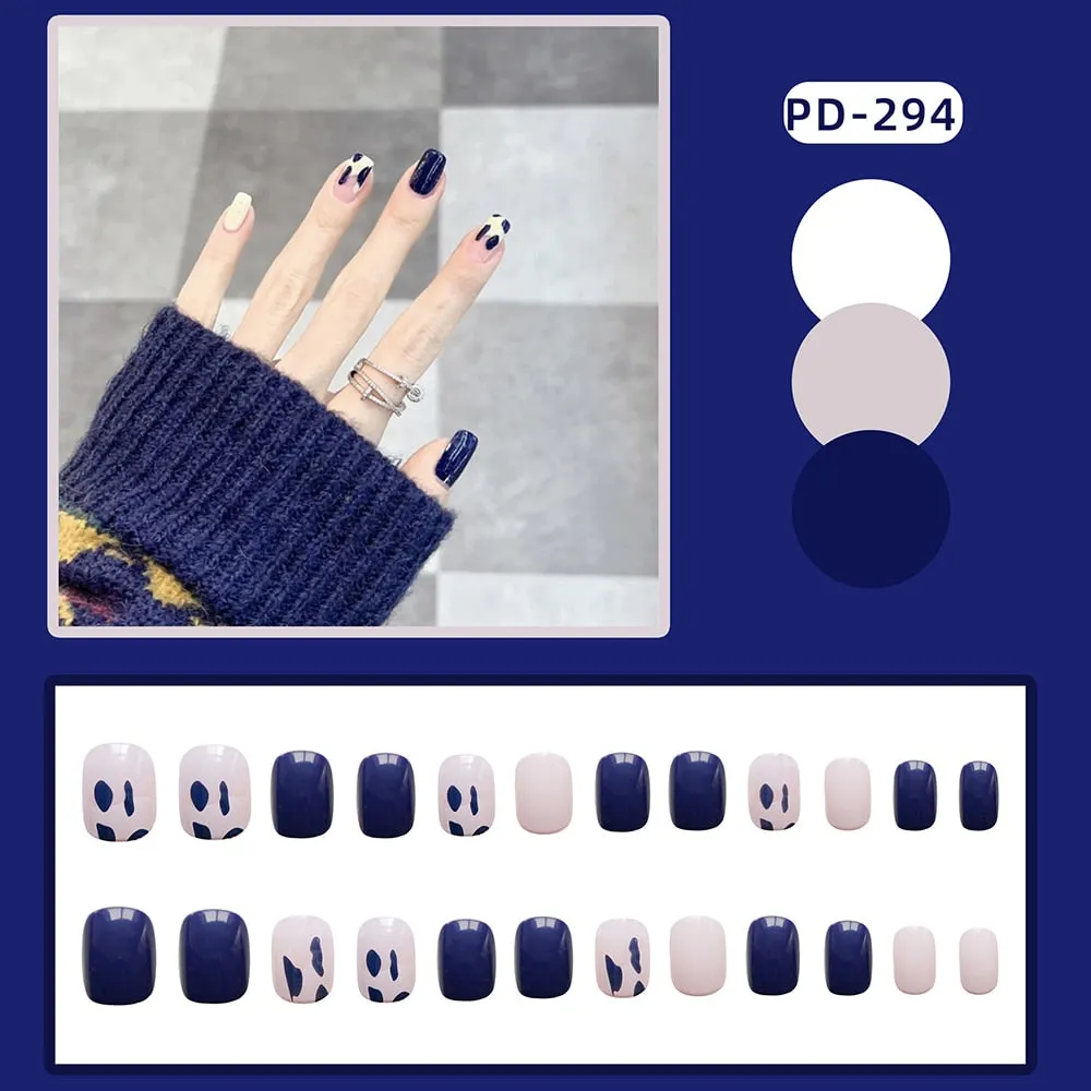 24pcs/box Blue Dye With Sequins Decorated press on nail tips Frosted Square Head Short Wearable Full Cover fake nails with glue-Nail Inspo