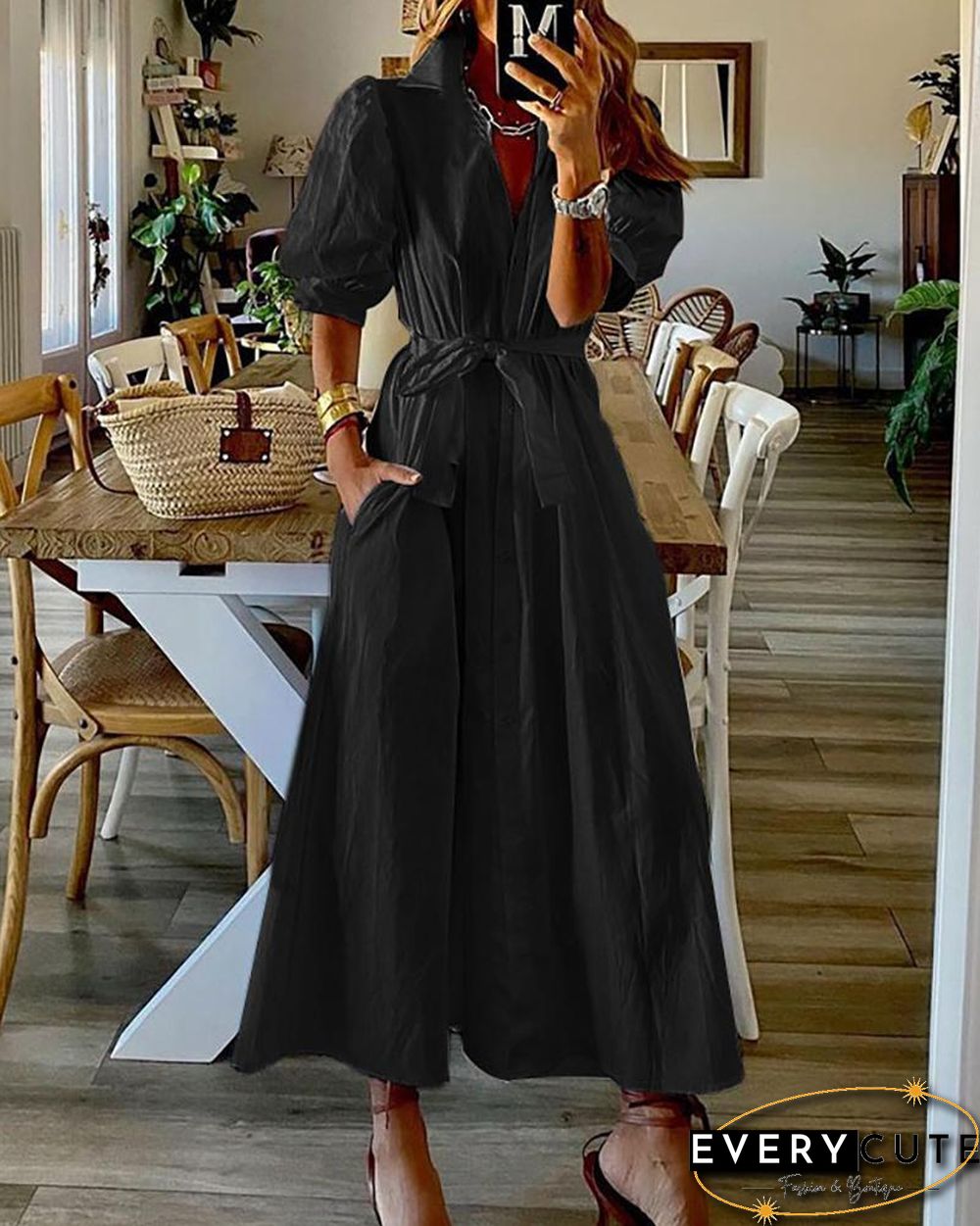 Puff Sleeve Button Front Tied Detail Shirt Dress