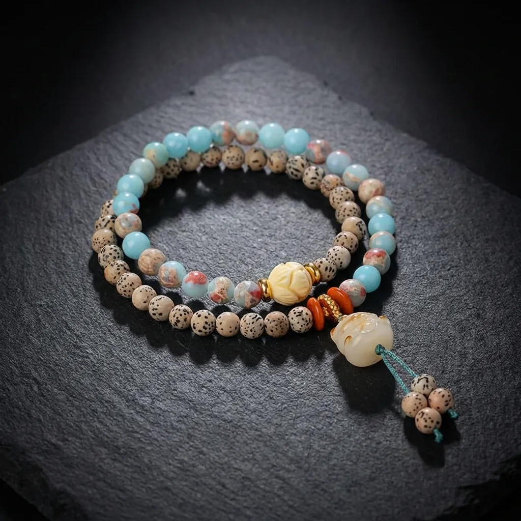 JiStones Ethereal Harmony Double-Layer Bracelet: Star Moon Bodhi & Azure Shoushan Stone with Fortune Charm Azure Serenity & Star Moon Bodhi