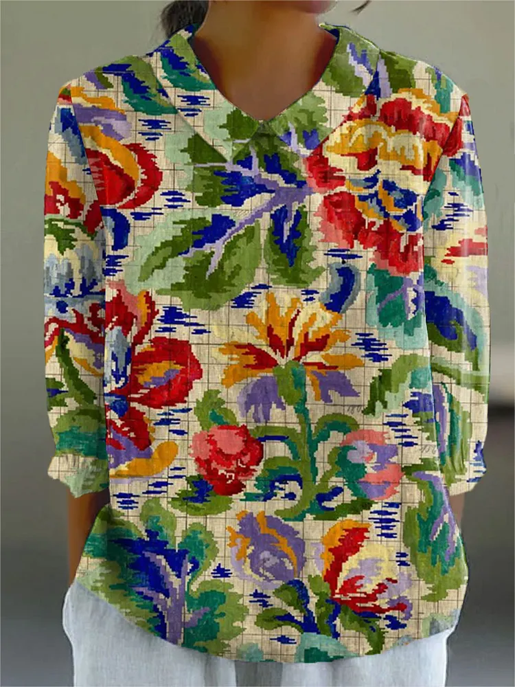 Women's Vintage Floral Art Print Casual Cotton And Linen 3/4 Sleeve Shirt