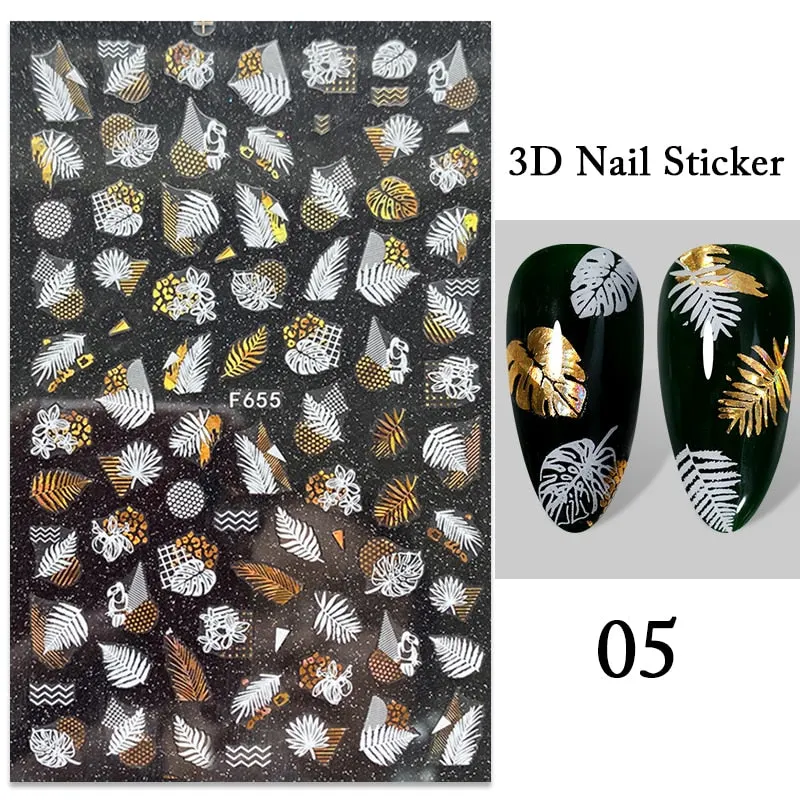 1PC iridescent Gold Black White 3D Nail Sticker Leaves Geometric Tropical Beach Decals DIY Slider Decoration Manicures-Nail Inspo