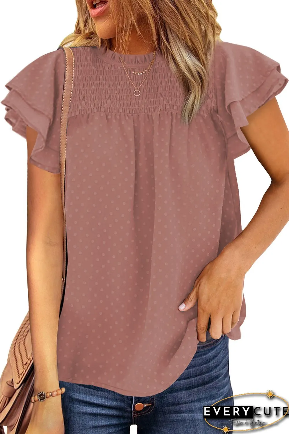 Tiered Sleeve Frilled Neck Dotted Top