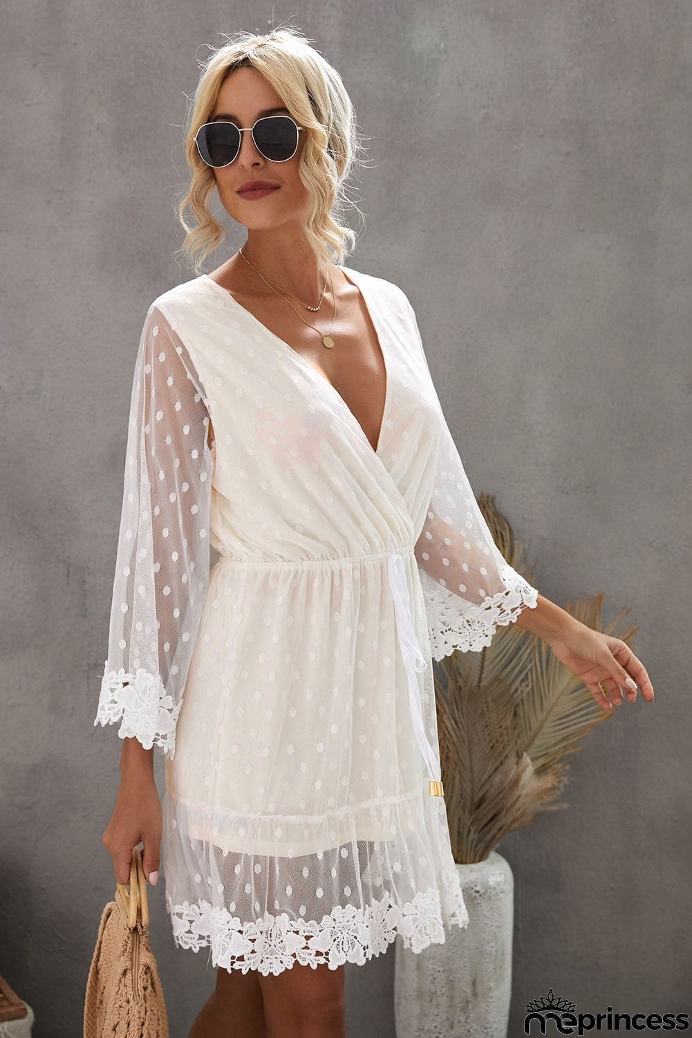 White Wrap V Neck Long Sleeve Polka Dot Mesh Lace Splicing Dress