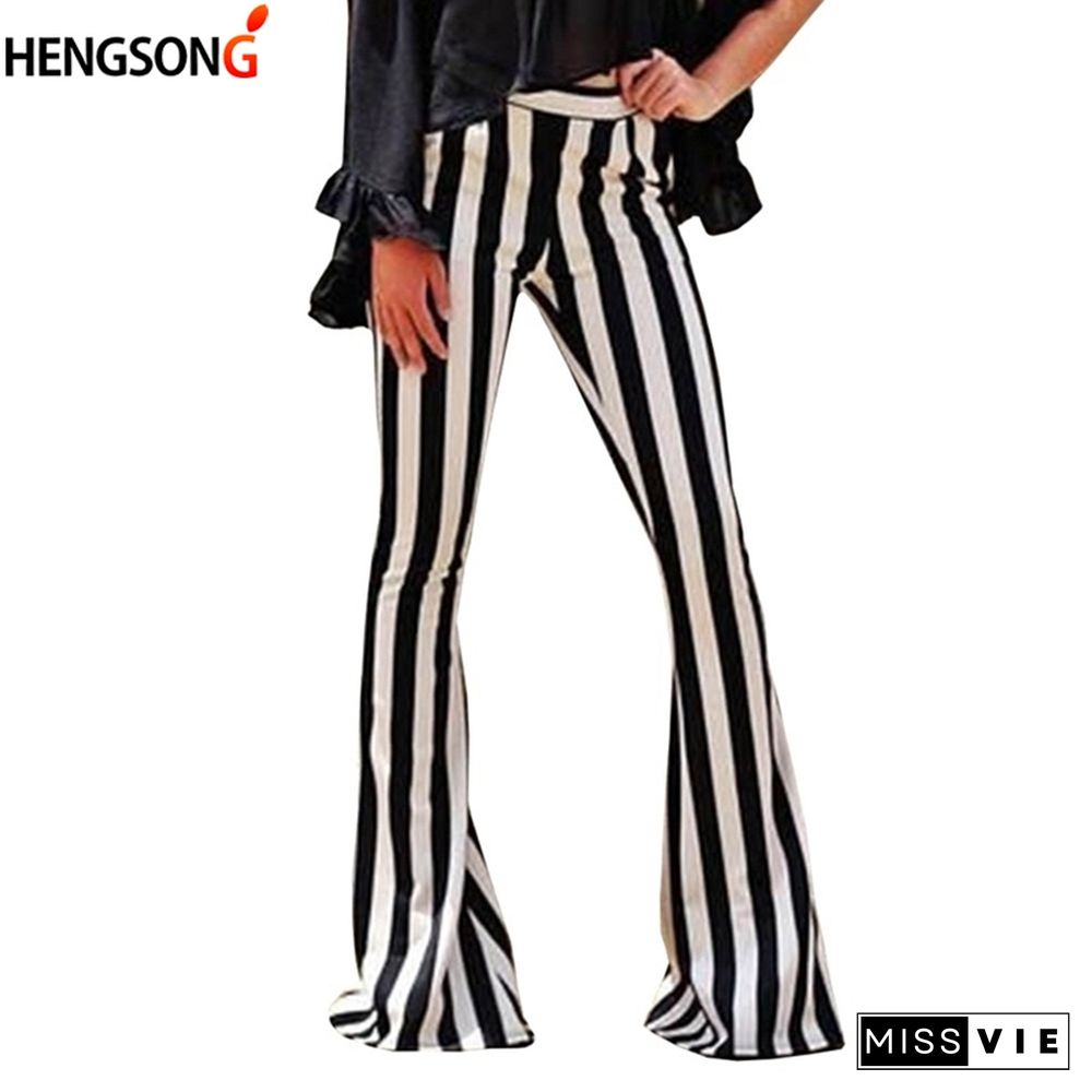 Striped Wide Leg Pant For Women Elastic High Waist Long Trouser Autumn Female Fashion Flare Pants OL Clothes