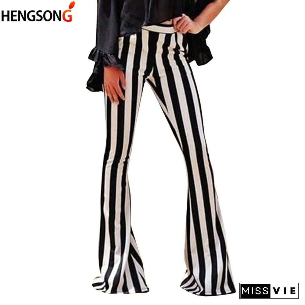 Striped Wide Leg Pant For Women Elastic High Waist Long Trouser Autumn Female Fashion Flare Pants OL Clothes