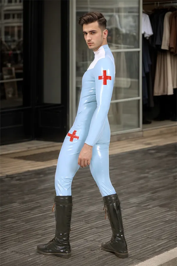 Men Latex Catsuits Medic Look Neck Entry