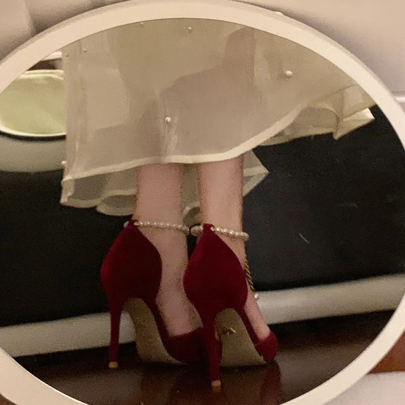 Churchf Churchf Pointed Suede Pearl Heels Women's Cubar Mitzvah Sandals Bride Xiu Wine Red Wedding Shoes
