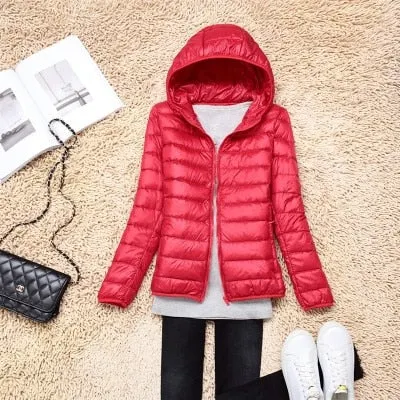 Women 90% White Duck Down Jacket Autumn Female Ultra Light Down Jackets Slim Solid Long Sleeve Hooded Parkas Candy Color