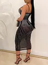 Spaghetti-Neck Beaded Decorate Bckless See-Through Sexy Slim Midi Dress