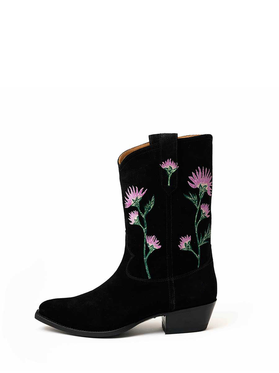 Black Faux Suede Enchanting Embroidered Mid-Calf Block Heeled Cowgirl Boots
