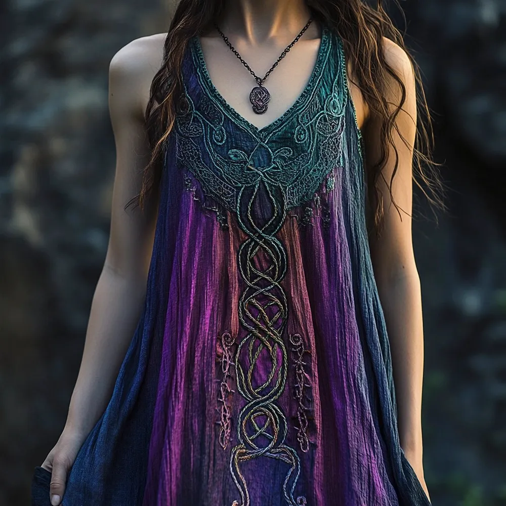 Vintage Celtic Mythology Gradient Lace Linen Tank Dress
