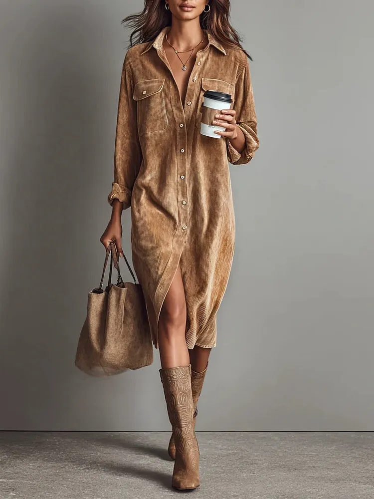 Loose Corduroy Double Chest Pocket Single Breasted Midi Dress
