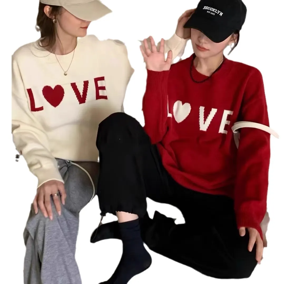 Churchf Churchf Version Of Love Jacquard Round Collar Set Outside Wearing Sweater Female Qiu Dong New Loose Long Sleeve Versatile Sweater Jacket