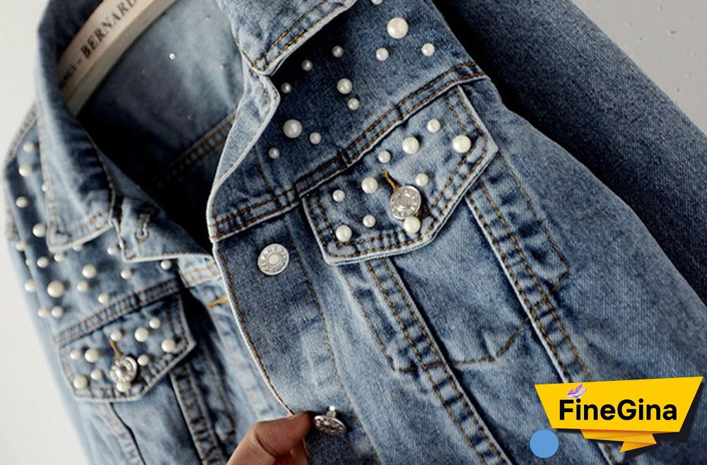 S-5XL Women Pearls Beading Denim Jacket BF Vintage Denim Jean Jacket Loose Coat Outwear