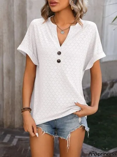 Eyelet Notched Short Sleeve T-Shirt